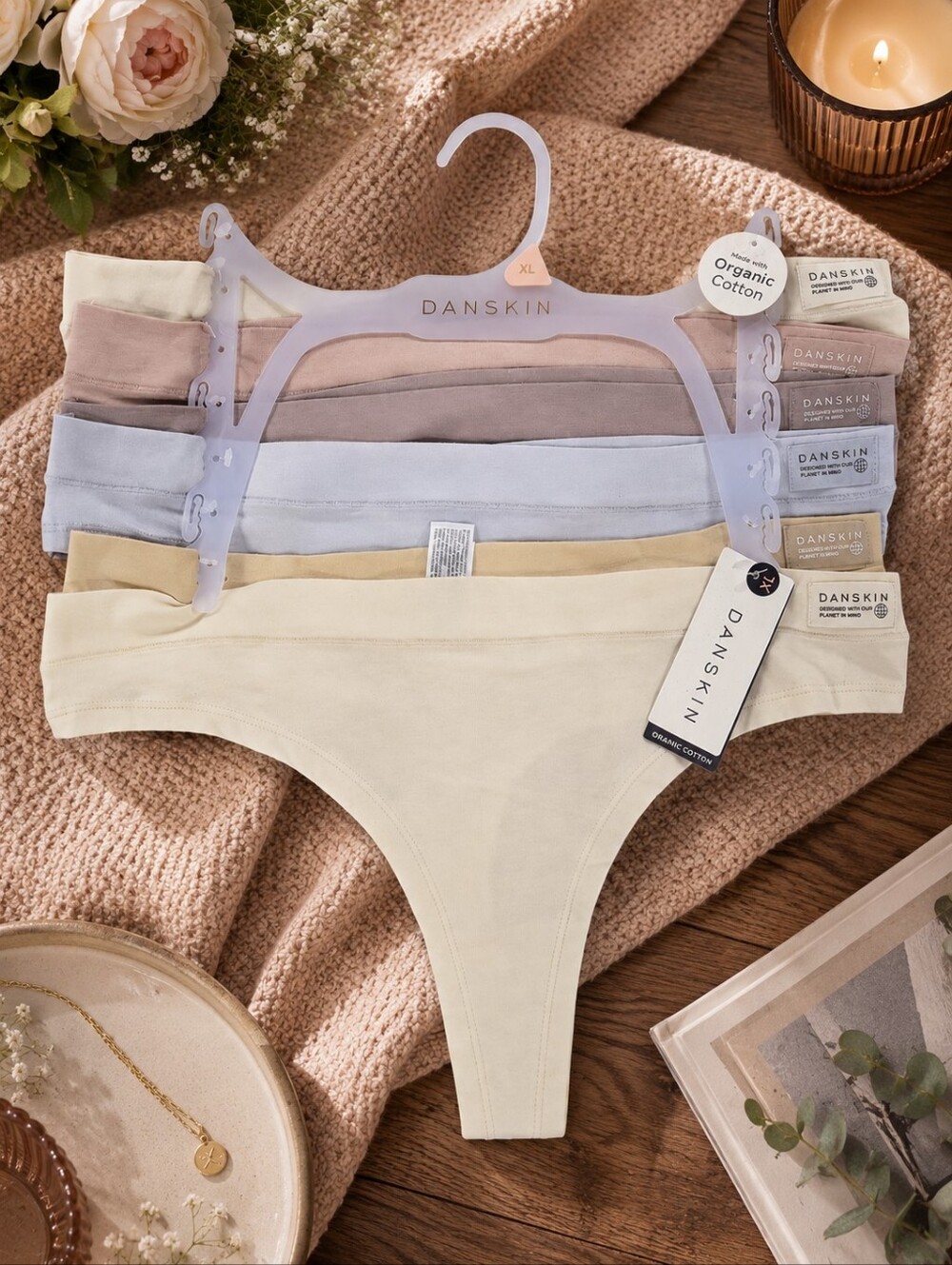 DANSKIN Organic Cotton Thong‎ 6-Pack - Neutral Tones